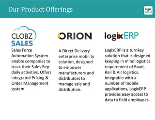 Our Product Offerings
Sales Force
Automation System
enable companies to
track their Sales Rep
daily activities. Offers
integrated Pricing &
Order Management
system.
A Direct Delivery
enterprise mobility
solution, designed
to empower
manufacturers and
distributors to
manage sale and
distribution.
LogixERP is a turnkey
solution that is designed
keeping in mind logistics
requirement of Road,
Rail & Air logistics.
Integrable with a
number of mobile
applications, LogixERP
provides easy access to
data to field employees.
 