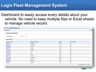 Dashboard to easily access every details about your
vehicle. No need to keep multiple files or Excel sheets
to manage vehicle record.
Logix Fleet Management System
 
