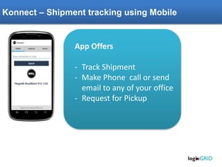 Konnect – Shipment tracking using Mobile
App Offers
- Track Shipment
- Make Phone call or send
email to any of your office
- Request for Pickup
 