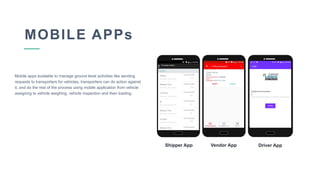 MOBILE APPs
Mobile apps available to manage ground level activities like sending
requests to transporters for vehicles, transporters can do action against
it, and do the rest of the process using mobile application from vehicle
assigning to vehicle weighing, vehicle inspection and then loading.
1244
Purchase Orders
Total Quantity
1245
Total Quantity
1000
Total Quantity
654
Total Quantity
321
Total Quantity
125
Total Quantity
1666
Total Quantity
Shipper App Vendor App Driver App
 