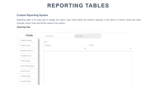 Reporting table is an easy way to design the report. User could define the columns required in the report. A column could also have
formulas, which could auto-fill the values in the column.
Custom Reporting System
REPORTING TABLES
 
