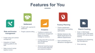 Features for You
Rate and Invoice
management
• Freight rating and contract
management
• Integration to freight-
matching platforms like
SAP
• Sales invoice & carrier
logistics invoice
Settlement
• Freight audit, payment &
settlement
• Freight customer billing
Analytics
• Traditional analytics and
performance management
based on business
intelligence solutions
• Configurable KPI scorecards
and management
dashboards
• Advanced reporting based
on AI providing diagnostic
and predictive analytics
Factory Planning
• Carrier assignment
optimization and loading
optimization
• Mobility Solutions like
Mobile Applications for
different departments
• Dock scheduling and
allowance management
Fleet & Tracking
• Asset- or fleet-based
tracking, Drivers SIM based
tracking, GPS device based
tracking
• Scheduling and dispatching
fleet Management
• Driver planning
 