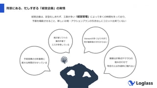 背景にある、忙しすぎる「経営企画」の実情
経営企画は、定型化しきれず、⼯数が多い「経営管理」によって多くの時間を失っており、
予算を機能させること、新しい⽰唆・アクションプランの引き出しにコミット出来ていない
Versionが多くなりすぎて
何が最新版かがわからない
複雑な計算式やマクロの
組み合わせで
特定の⼈以外資料に触れない
予実差異の分析業務に
膨⼤な時間がかかっている
表計算ソフトの
集約作業で
ミスが多発している
 