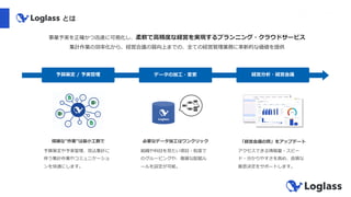 とは
事業予実を正確かつ迅速に可視化し、柔軟で⾼精度な経営を実現するプランニング・クラウドサービス
集計作業の効率化から、経営会議の質向上までの、全ての経営管理業務に⾰新的な価値を提供
煩雑な”作業”は最⼩⼯数で
予算策定 / 予実管理 データの加⼯・変更 経営分析・経営会議
必要なデータ加⼯はワンクリック 「経営会議の質」をアップデート
…
…
…
予算策定や予実管理、⾒込集計に
伴う集計作業やコミュニケーショ
ンを快適にします。
組織や科⽬を⾒たい項⽬・粒度で
のグルーピングや、複雑な配賦ル
ールを設定が可能。
アクセスできる情報量・スピー
ド・分かりやすさを⾼め、良質な
意思決定をサポートします。
 
