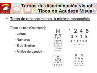 Tareas de discriminación visual.
Tipos de Agudeza Visual
Tipos de test (Optotipos):
- Letras
- Números
- E de Snellen
- Anillos de Landolt
 Tarea de reconocimiento o mínimo reconocible
 