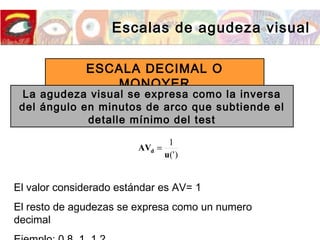 Escalas de agudeza visual
ESCALA DECIMAL O
MONOYER
La agudeza visual se expresa como la inversa
del ángulo en minutos de arco que subtiende el
detalle mínimo del test
)('
1
u
AVd =
El valor considerado estándar es AV= 1
El resto de agudezas se expresa como un numero
decimal
 