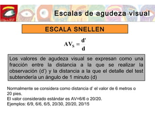 Escalas de agudeza visual
ESCALA SNELLEN
Los valores de agudeza visual se expresan como una
fracción entre la distancia a la que se realizar la
observación (d’) y la distancia a la que el detalle del test
subtendería un ángulo de 1 minuto (d)
d
d
AVS
'
=
Normalmente se considera como distancia d’ el valor de 6 metros o
20 pies.
El valor considerado estándar es AV=6/6 o 20/20.
Ejemplos: 6/9, 6/6, 6/5, 20/30, 20/20, 20/15
 