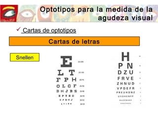 Optotipos para la medida de la
agudeza visual
 Cartas de optotipos
Cartas de letras
Snellen
 