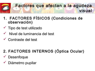 Factores que afectan a la agudeza
visual
1. FACTORES FÍSICOS (Condiciones de
observación)
 Tipo de test utilizado
 Nivel de luminancia del test
 Contraste del test
2. FACTORES INTERNOS (Óptica Ocular)
 Desenfoque
 Diámetrro pupilar
 