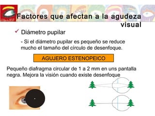 Factores que afectan a la agudeza
visual
 Diámetro pupilar
- Si el diámetro pupilar es pequeño se reduce
mucho el tamaño del círculo de desenfoque.
AGUJERO ESTENOPEICO
Pequeño diafragma circular de 1 a 2 mm en uns pantalla
negra. Mejora la visión cuando existe desenfoque
 