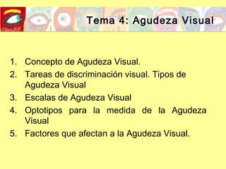 Tema 4: Agudeza Visual
1. Concepto de Agudeza Visual.
2. Tareas de discriminación visual. Tipos de
Agudeza Visual
3. Escalas de Agudeza Visual
4. Optotipos para la medida de la Agudeza
Visual
5. Factores que afectan a la Agudeza Visual.
 