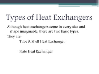 Types of Heat Exchangers
Although heat exchangers come in every size and
shape imaginable, there are two basic types.
They are-
Tube & Shell Heat Exchanger
Plate Heat Exchanger
 