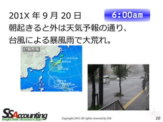 201X 年 9 月 20 日 6:00am
朝起きると外は天気予報の通り、
台風による暴風雨で大荒れ。




        Copyright 2011 All rights reserved by SSA   10
 