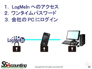 １． LogMeIn へのアクセス
２．ワンタイムパスワード
３．会社の PC にログイン




         Copyright 2011 All rights reserved by SSA   36
 