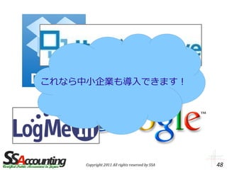 これなら中小企業も導入できます！




    Copyright 2011 All rights reserved by SSA   48
 
