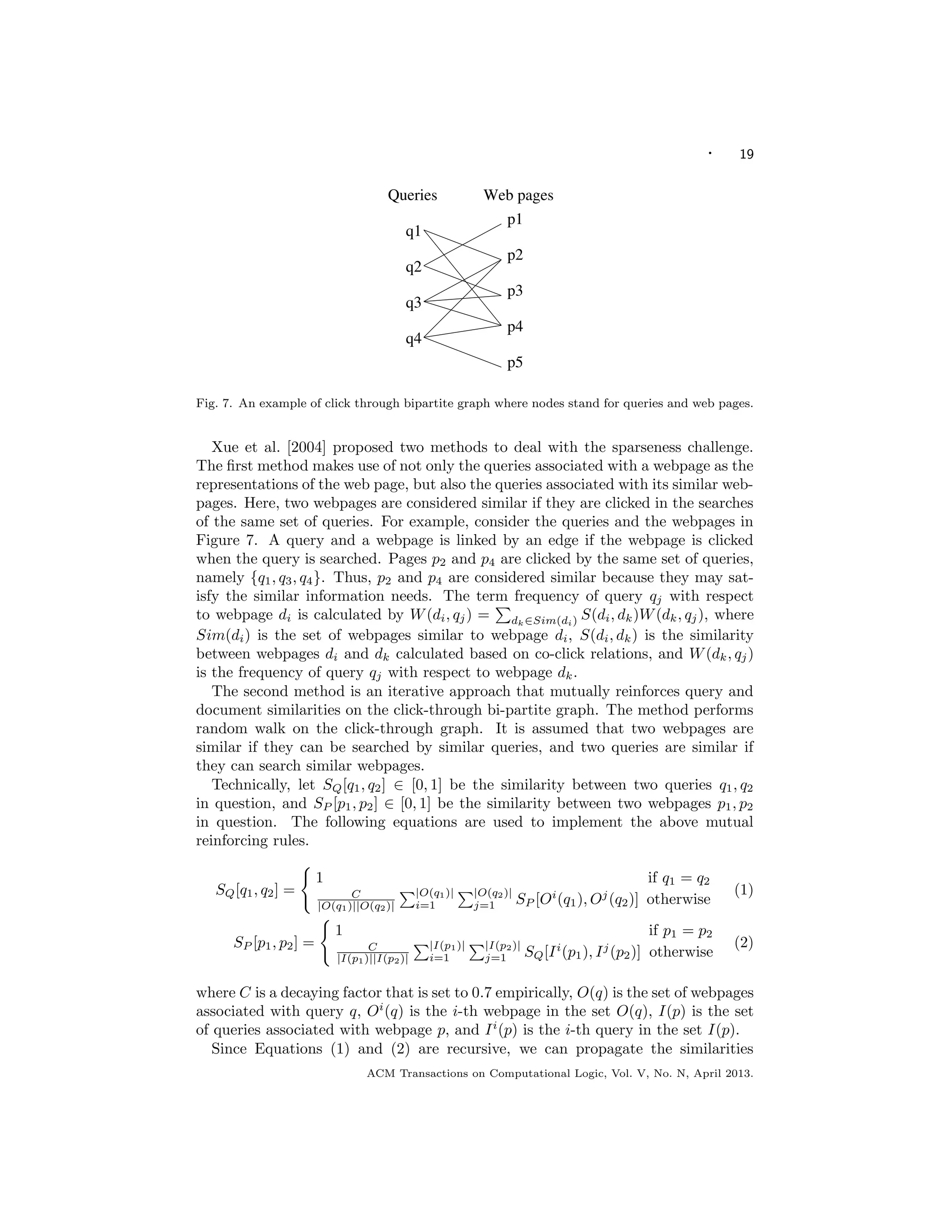 · 19
p5
Queries Web pages
q1
q2
q3
q4
p1
p2
p3
p4
Fig. 7. An example of click through bipartite graph where nodes stand for queries and web pages.
Xue et al. [2004] proposed two methods to deal with the sparseness challenge.
The ﬁrst method makes use of not only the queries associated with a webpage as the
representations of the web page, but also the queries associated with its similar web-
pages. Here, two webpages are considered similar if they are clicked in the searches
of the same set of queries. For example, consider the queries and the webpages in
Figure 7. A query and a webpage is linked by an edge if the webpage is clicked
when the query is searched. Pages p2 and p4 are clicked by the same set of queries,
namely {q1, q3, q4}. Thus, p2 and p4 are considered similar because they may sat-
isfy the similar information needs. The term frequency of query qj with respect
to webpage di is calculated by W(di, qj) = dk∈Sim(di) S(di, dk)W(dk, qj), where
Sim(di) is the set of webpages similar to webpage di, S(di, dk) is the similarity
between webpages di and dk calculated based on co-click relations, and W(dk, qj)
is the frequency of query qj with respect to webpage dk.
The second method is an iterative approach that mutually reinforces query and
document similarities on the click-through bi-partite graph. The method performs
random walk on the click-through graph. It is assumed that two webpages are
similar if they can be searched by similar queries, and two queries are similar if
they can search similar webpages.
Technically, let SQ[q1, q2] ∈ [0, 1] be the similarity between two queries q1, q2
in question, and SP [p1, p2] ∈ [0, 1] be the similarity between two webpages p1, p2
in question. The following equations are used to implement the above mutual
reinforcing rules.
SQ[q1, q2] =
1 if q1 = q2
C
|O(q1)||O(q2)|
|O(q1)|
i=1
|O(q2)|
j=1 SP [Oi
(q1), Oj
(q2)] otherwise
(1)
SP [p1, p2] =
1 if p1 = p2
C
|I(p1)||I(p2)|
|I(p1)|
i=1
|I(p2)|
j=1 SQ[Ii
(p1), Ij
(p2)] otherwise
(2)
where C is a decaying factor that is set to 0.7 empirically, O(q) is the set of webpages
associated with query q, Oi
(q) is the i-th webpage in the set O(q), I(p) is the set
of queries associated with webpage p, and Ii
(p) is the i-th query in the set I(p).
Since Equations (1) and (2) are recursive, we can propagate the similarities
ACM Transactions on Computational Logic, Vol. V, No. N, April 2013.
 