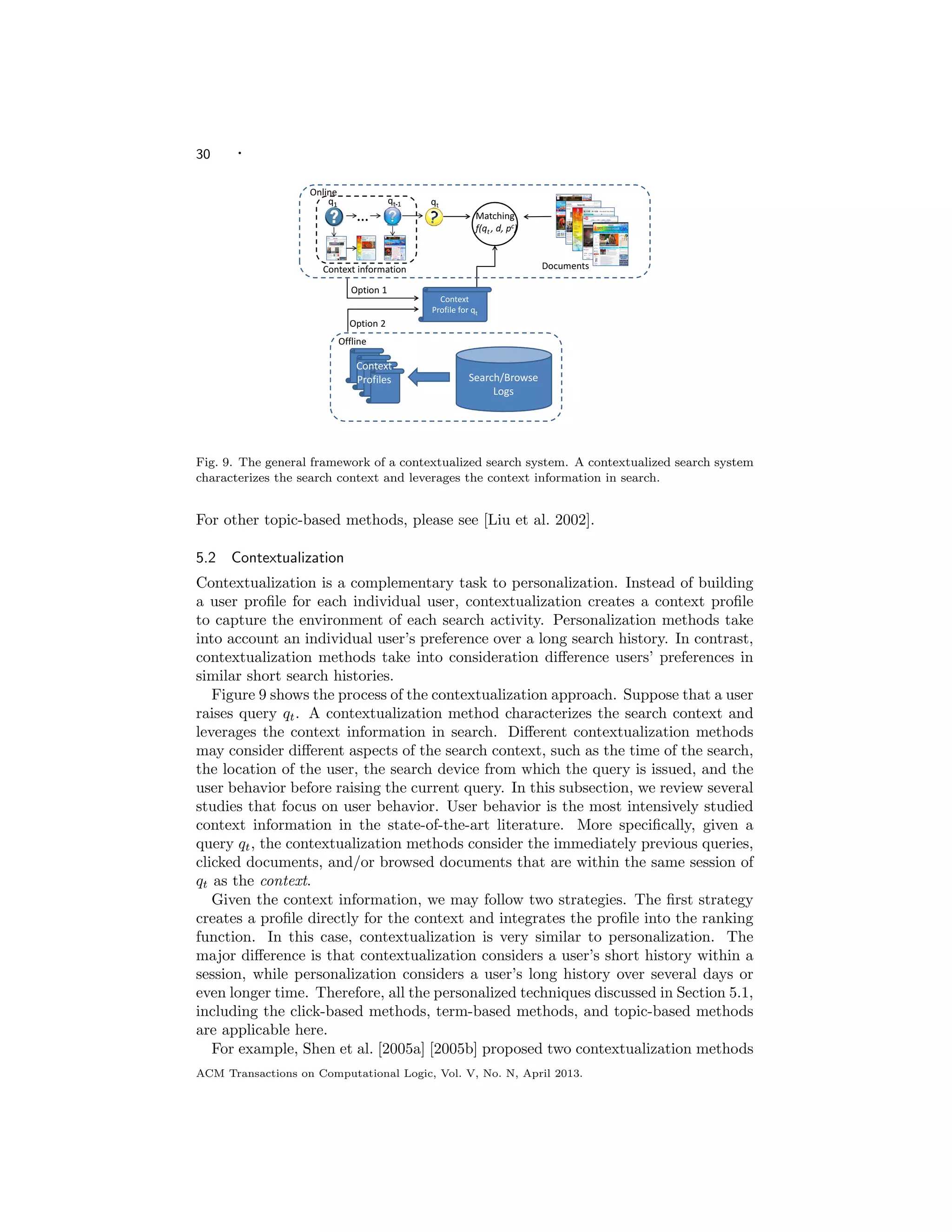 30 ·
ŽĐƵŵĞŶƚƐ
DĂƚĐŚŝŶŐ
Ĩ;Ƌ ͕ Ě͕ Ɖ Ϳ
^ĞĂƌĐŚͬƌŽǁƐĞ
ŽŐƐ
ŽŶƚĞǆƚ
WƌŽĨŝůĞƐ
ŽŶƚĞǆƚ
WƌŽĨŝůĞ ĨŽƌ Ƌ
KĨĨůŝŶĞ
KŶůŝŶĞ
͙
ƋƋ
ŽŶƚĞǆƚ ŝŶĨŽƌŵĂƚŝŽŶ
Ƌ
KƉƚŝŽŶ Ϯ
KƉƚŝŽŶ ϭ
Fig. 9. The general framework of a contextualized search system. A contextualized search system
characterizes the search context and leverages the context information in search.
For other topic-based methods, please see [Liu et al. 2002].
5.2 Contextualization
Contextualization is a complementary task to personalization. Instead of building
a user proﬁle for each individual user, contextualization creates a context proﬁle
to capture the environment of each search activity. Personalization methods take
into account an individual user’s preference over a long search history. In contrast,
contextualization methods take into consideration diﬀerence users’ preferences in
similar short search histories.
Figure 9 shows the process of the contextualization approach. Suppose that a user
raises query qt. A contextualization method characterizes the search context and
leverages the context information in search. Diﬀerent contextualization methods
may consider diﬀerent aspects of the search context, such as the time of the search,
the location of the user, the search device from which the query is issued, and the
user behavior before raising the current query. In this subsection, we review several
studies that focus on user behavior. User behavior is the most intensively studied
context information in the state-of-the-art literature. More speciﬁcally, given a
query qt, the contextualization methods consider the immediately previous queries,
clicked documents, and/or browsed documents that are within the same session of
qt as the context.
Given the context information, we may follow two strategies. The ﬁrst strategy
creates a proﬁle directly for the context and integrates the proﬁle into the ranking
function. In this case, contextualization is very similar to personalization. The
major diﬀerence is that contextualization considers a user’s short history within a
session, while personalization considers a user’s long history over several days or
even longer time. Therefore, all the personalized techniques discussed in Section 5.1,
including the click-based methods, term-based methods, and topic-based methods
are applicable here.
For example, Shen et al. [2005a] [2005b] proposed two contextualization methods
ACM Transactions on Computational Logic, Vol. V, No. N, April 2013.
 