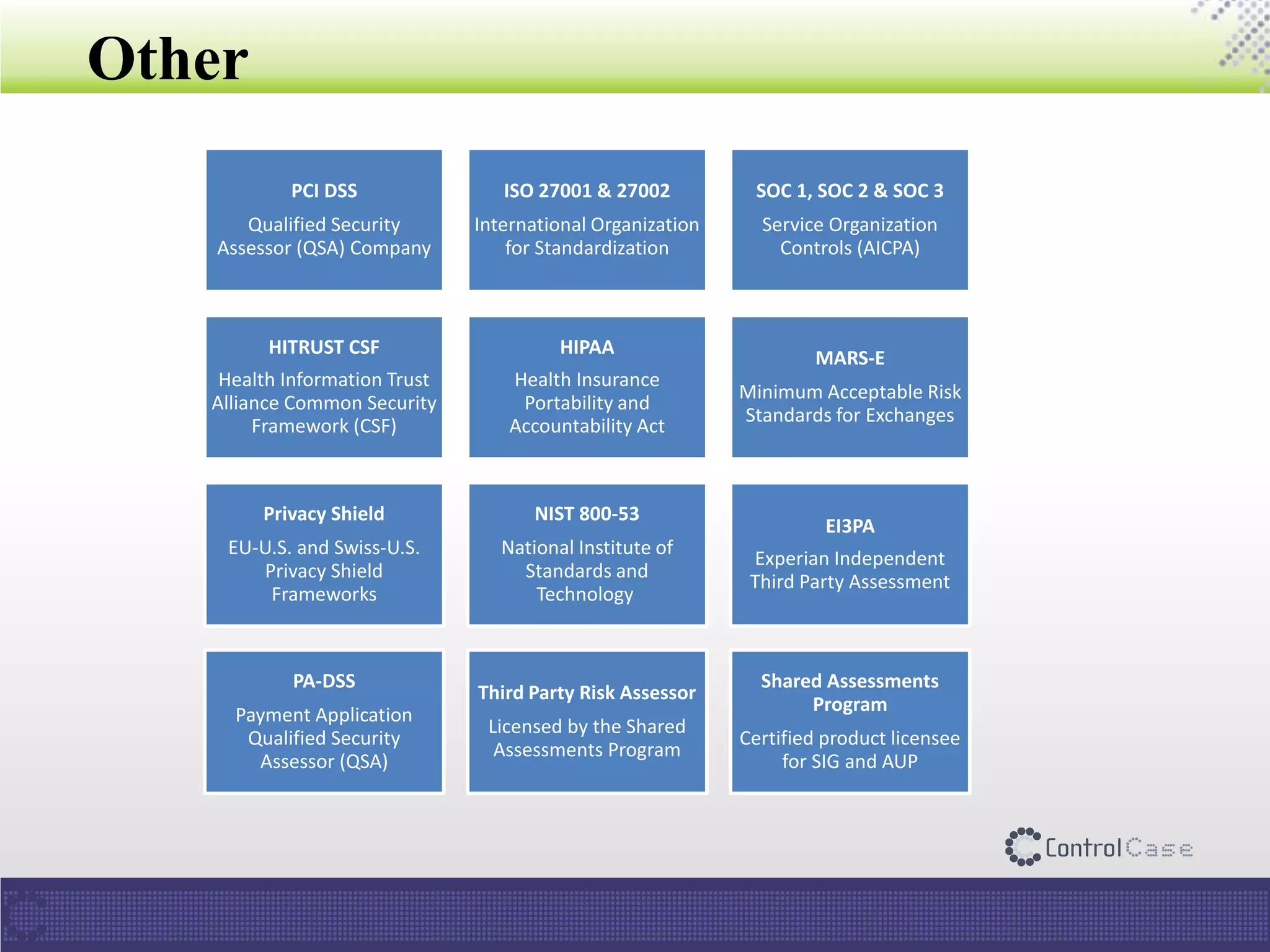 Other
PCI DSS
Qualified Security
Assessor (QSA) Company
ISO 27001 & 27002
International Organization
for Standardization
SOC 1, SOC 2 & SOC 3
Service Organization
Controls (AICPA)
HITRUST CSF
Health Information Trust
Alliance Common Security
Framework (CSF)
HIPAA
Health Insurance
Portability and
Accountability Act
MARS-E
Minimum Acceptable Risk
Standards for Exchanges
Privacy Shield
EU-U.S. and Swiss-U.S.
Privacy Shield
Frameworks
NIST 800-53
National Institute of
Standards and
Technology
EI3PA
Experian Independent
Third Party Assessment
PA-DSS
Payment Application
Qualified Security
Assessor (QSA)
Third Party Risk Assessor
Licensed by the Shared
Assessments Program
Shared Assessments
Program
Certified product licensee
for SIG and AUP
 