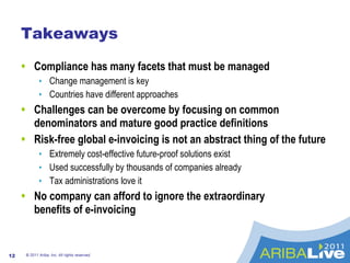 Takeaways Compliance has many facets that must be managed Change management is key Countries have different approaches Challenges can be overcome by focusing on common denominators and mature good practice definitions Risk-free global e-invoicing is not an abstract thing of the future Extremely cost-effective future-proof solutions exist Used successfully by thousands of companies already Tax administrations love it No company can afford to ignore the extraordinary  benefits of e-invoicing © 2011 Ariba, Inc. All rights reserved.  
