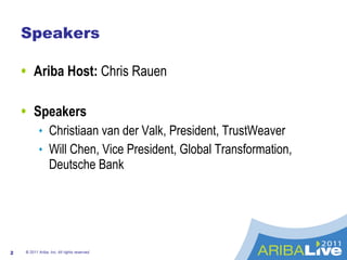 Speakers Ariba Host:  Chris Rauen Speakers Christiaan van der Valk, President, TrustWeaver Will Chen, Vice President, Global Transformation, Deutsche Bank © 2011 Ariba, Inc. All rights reserved.  