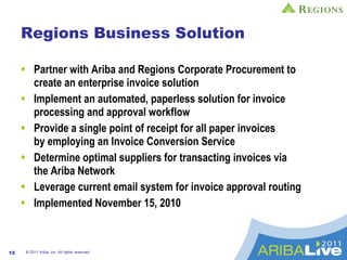 Regions Business Solution Partner with Ariba and Regions Corporate Procurement to create an enterprise invoice solution Implement an automated, paperless solution for invoice processing and approval workflow Provide a single point of receipt for all paper invoices  by employing an Invoice Conversion Service Determine optimal suppliers for transacting invoices via  the Ariba Network  Leverage current email system for invoice approval routing  Implemented November 15, 2010 © 2011 Ariba, Inc. All rights reserved.  