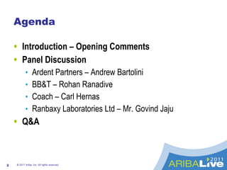 Agenda <ul><li>Introduction – Opening Comments </li></ul><ul><li>Panel Discussion </li></ul><ul><ul><li>Ardent Partners – ...