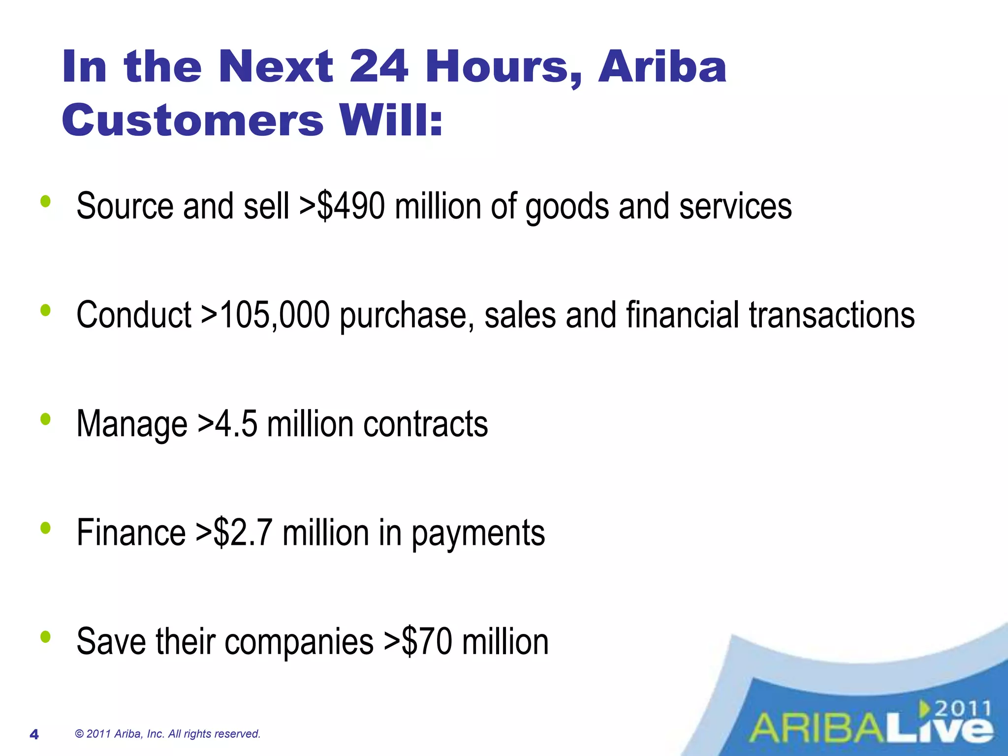 In the Next 24 Hours, Ariba Customers Will:Source and sell >$490 million of goods and servicesConduct >105,000 purchase, sales and financial transactionsManage >4.5 million contractsFinance >$2.7 million in paymentsSave their companies >$70 million© 2011 Ariba, Inc. All rights reserved. 4