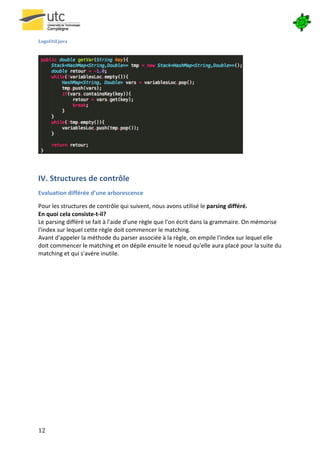  

LogoUtil.java	
  

	
  




                                                                                                                         	
  
	
  



IV.	
  Structures	
  de	
  contrôle	
  
Evaluation	
  différée	
  d'une	
  arborescence	
  

Pour	
  les	
  structures	
  de	
  contrôle	
  qui	
  suivent,	
  nous	
  avons	
  utilisé	
  le	
  parsing	
  différé.	
  	
  
En	
  quoi	
  cela	
  consiste-­‐t-­‐il?	
  
Le	
  parsing	
  différé	
  se	
  fait	
  à	
  l'aide	
  d'une	
  règle	
  que	
  l'on	
  écrit	
  dans	
  la	
  grammaire.	
  On	
  mémorise	
  
l'index	
  sur	
  lequel	
  cette	
  règle	
  doit	
  commencer	
  le	
  matching.	
  
Avant	
  d'appeler	
  la	
  méthode	
  du	
  parser	
  associée	
  à	
  la	
  règle,	
  on	
  empile	
  l'index	
  sur	
  lequel	
  elle	
  
doit	
  commencer	
  le	
  matching	
  et	
  on	
  dépile	
  ensuite	
  le	
  noeud	
  qu'elle	
  aura	
  placé	
  pour	
  la	
  suite	
  du	
  
matching	
  et	
  qui	
  s'avère	
  inutile.	
  

	
  
	
                                           	
  




12	
   	
  
 