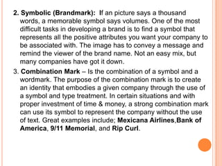 2. Symbolic (Brandmark): If an picture says a thousand
words, a memorable symbol says volumes. One of the most
difficult tasks in developing a brand is to find a symbol that
represents all the positive attributes you want your company to
be associated with. The image has to convey a message and
remind the viewer of the brand name. Not an easy mix, but
many companies have got it down.
3. Combination Mark – Is the combination of a symbol and a
wordmark. The purpose of the combination mark is to create
an identity that embodies a given company through the use of
a symbol and type treatment. In certain situations and with
proper investment of time & money, a strong combination mark
can use its symbol to represent the company without the use
of text. Great examples include; Mexicana Airlines,Bank of
America, 9/11 Memorial, and Rip Curl.

 