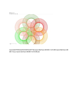 repeat6[SETPENCOLORINT(REPCOUNT*10) repeat36[ellipse100 200 rt 5] fd 200 repeat36[ellipse 100
200 rt 5] pu repeat12[ellipse 100200 rt 5] fd 200 pd]
 