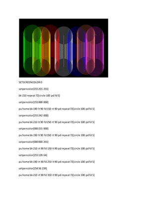 SETSCREENCOLOR0
setpencolor[255255 255]
bk 210 repeat72[circle 100 pd fd5]
setpencolor[255000 000]
pu home bk190 lt90 fd150 rt 90 pd repeat72[circle 100 pdfd 5]
setpencolor[255242 000]
pu home bk210 lt90 fd250 rt 90 pd repeat72[circle 100 pdfd 5]
setpencolor[000255 000]
pu home bk 190 lt90 fd350 rt 90 pd repeat72[circle 100 pdfd 5]
setpencolor[000000 255]
pu home bk210 rt 90 fd 150 lt90 pd repeat72[circle 100 pdfd 5]
setpencolor[255128 64]
pu home bk190 rt 90 fd 250 lt90 pd repeat72[circle 100 pdfd 5]
setpencolor[25456 239]
pu home bk210 rt 90 fd 350 lt90 pd repeat72[circle 100 pdfd 5]
 