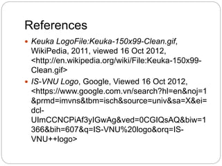 References
 Keuka LogoFile:Keuka-150x99-Clean.gif,
WikiPedia, 2011, viewed 16 Oct 2012,
<http://en.wikipedia.org/wiki/File:Keuka-150x99-
Clean.gif>
 IS-VNU Logo, Google, Viewed 16 Oct 2012,
<https://www.google.com.vn/search?hl=en&noj=1
&prmd=imvns&tbm=isch&source=univ&sa=X&ei=
dcl-
UImCCNCPiAf3yIGwAg&ved=0CGIQsAQ&biw=1
366&bih=607&q=IS-VNU%20logo&orq=IS-
VNU++logo>
 