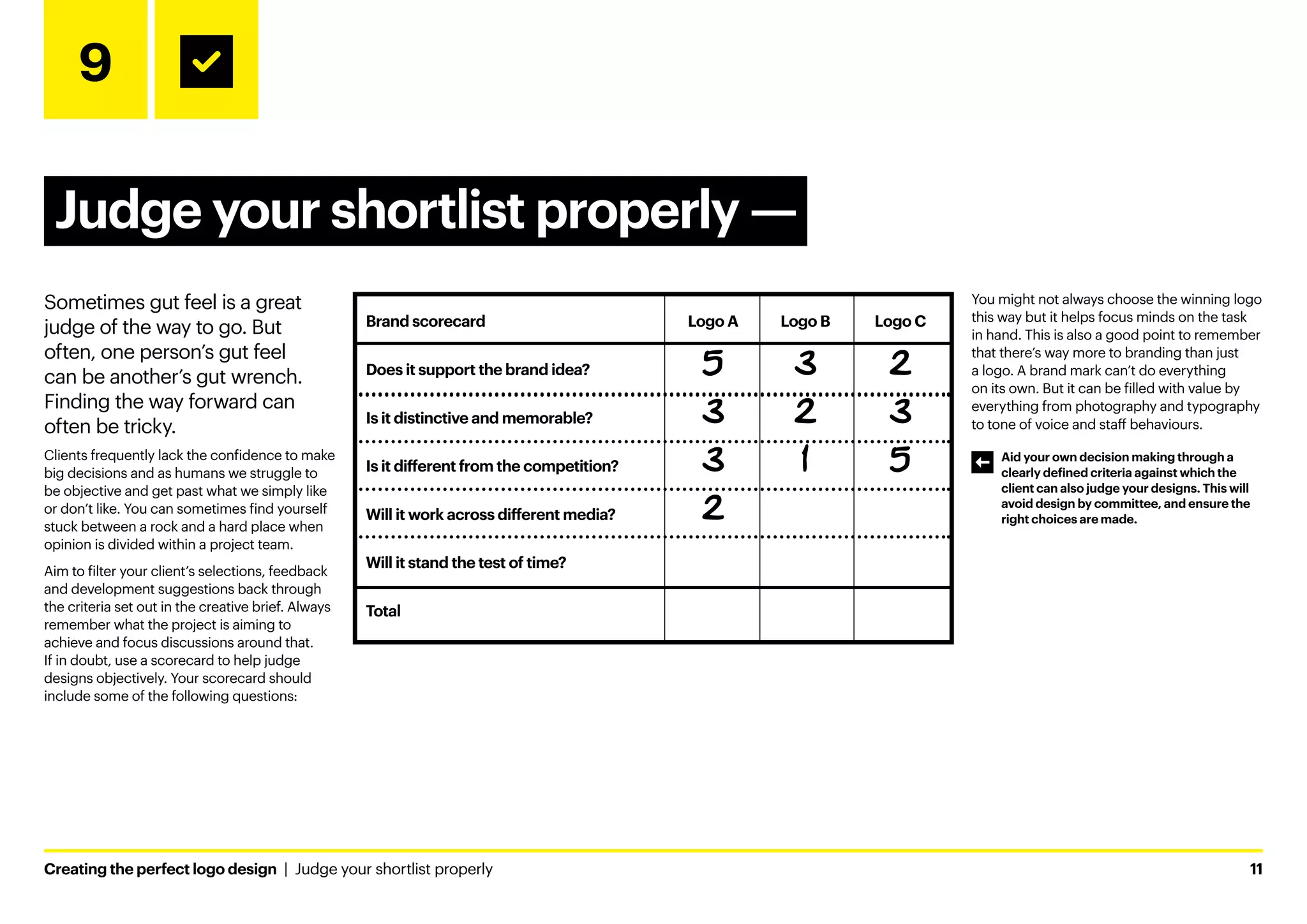 Creating the perfect logo design  |  Judge your shortlist properly	11
9
Judge your shortlist properly ­
—
Sometimes gut feel is a great
judge of the way to go. But
often, one person’s gut feel
can be another’s gut wrench.
Finding the way forward can
often be tricky.
Clients frequently lack the confidence to make
big decisions and as humans we struggle to
be objective and get past what we simply like
or don’t like. You can sometimes find yourself
stuck between a rock and a hard place when
opinion is divided within a project team.
Aim to filter your client’s selections, feedback
and development suggestions back through
the criteria set out in the creative brief. Always
remember what the project is aiming to
achieve and focus discussions around that.
If in doubt, use a scorecard to help judge
designs objectively. Your scorecard should
include some of the following questions:
You might not always choose the winning logo
this way but it helps focus minds on the task
in hand. This is also a good point to remember
that there’s way more to branding than just
a logo. A brand mark can’t do everything
on its own. But it can be filled with value by
everything from photography and typography
to tone of voice and staff behaviours.
Aid your own decision making through a
clearly defined criteria against which the
client can also judge your designs. This will
avoid design by committee, and ensure the
right choices are made.
Brand scorecard
Does it support the brand idea?
Is it distinctive and memorable?
Is it different from the competition?
Will it work across different media?
Will it stand the test of time?
Total
Logo A
5
3
3
2
Logo B
3
2
1
Logo C
2
3
5
 