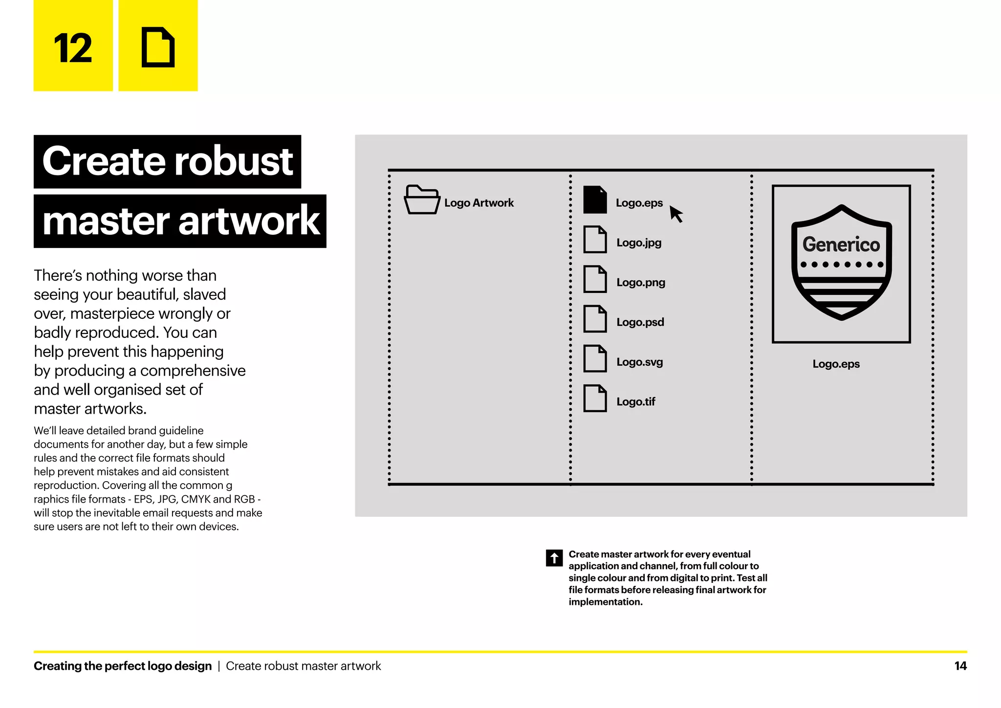 Creating the perfect logo design  |  Create robust master artwork	14
12
Create robust
master artwork
There’s nothing worse than
seeing your beautiful, slaved
over, masterpiece wrongly or
badly reproduced. You can
help prevent this happening
by producing a comprehensive
and well organised set of
master artworks.
We’ll leave detailed brand guideline
documents for another day, but a few simple
rules and the correct file formats should
help prevent mistakes and aid consistent
reproduction. Covering all the common g
raphics file formats - EPS, JPG, CMYK and RGB -
will stop the inevitable email requests and make
sure users are not left to their own devices.
Create master artwork for every eventual
application and channel, from full colour to
single colour and from digital to print. Test all
file formats before releasing final artwork for
implementation.
12 - Create robust master artwork
Logo.eps
Logo Artwork
Logo.png
Logo.psd
Logo.svg
Logo.tif
Logo.eps
Logo.jpg
 