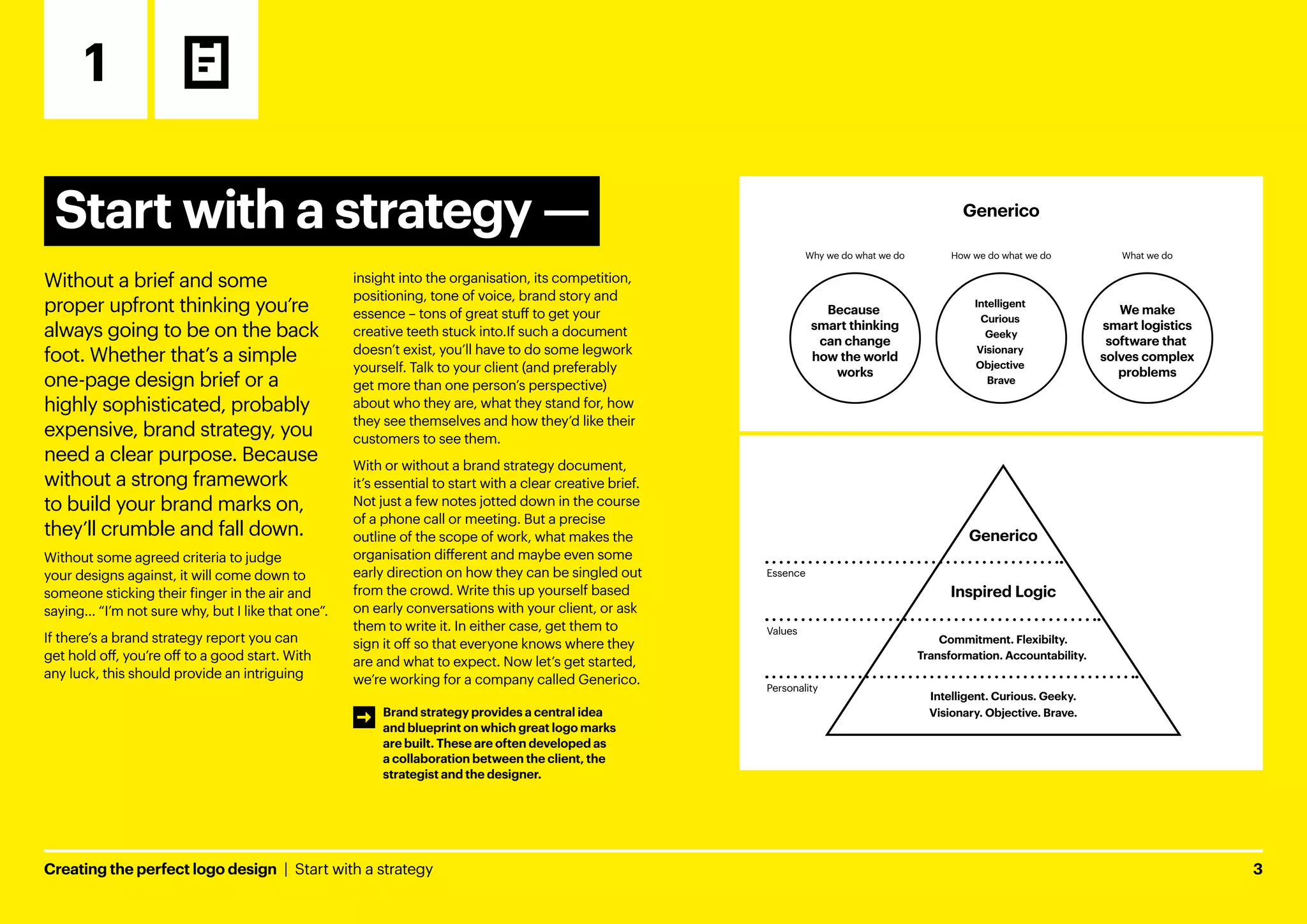 Without a brief and some
proper upfront thinking you’re
always going to be on the back
foot. Whether that’s a simple
one-page design brief or a
highly sophisticated, probably
expensive, brand strategy, you
need a clear purpose. Because
without a strong framework
to build your brand marks on,
they’ll crumble and fall down.
Without some agreed criteria to judge
your designs against, it will come down to
someone sticking their finger in the air and
saying… “I’m not sure why, but I like that one”.
If there’s a brand strategy report you can
get hold off, you’re off to a good start. With
any luck, this should provide an intriguing
insight into the organisation, its competition,
positioning, tone of voice, brand story and
essence – tons of great stuff to get your
creative teeth stuck into.If such a document
doesn’t exist, you’ll have to do some legwork
yourself. Talk to your client (and preferably
get more than one person’s perspective)
about who they are, what they stand for, how
they see themselves and how they’d like their
customers to see them.
With or without a brand strategy document,
it’s essential to start with a clear creative brief.
Not just a few notes jotted down in the course
of a phone call or meeting. But a precise
outline of the scope of work, what makes the
organisation different and maybe even some
early direction on how they can be singled out
from the crowd. Write this up yourself based
on early conversations with your client, or ask
them to write it. In either case, get them to
sign it off so that everyone knows where they
are and what to expect. Now let’s get started,
we’re working for a company called Generico.
Creating the perfect logo design  |  Start with a strategy	3
Because
smart thinking
can change
how the world
works
Intelligent
Curious
Geeky
Visionary
Objective
Brave
We make
smart logistics
software that
solves complex
problems
Generico
Why we do what we do How we do what we do What we do
Inspired Logic
Generico
Commitment. Flexibilty.
Transformation. Accountability.
Intelligent. Curious. Geeky.
Visionary. Objective. Brave.
Essence
Values
Personality
Start with a strategy ­
—
1
Brand strategy provides a central idea
and blueprint on which great logo marks
are built. These are often developed as
a collaboration between the client, the
strategist and the designer.
 