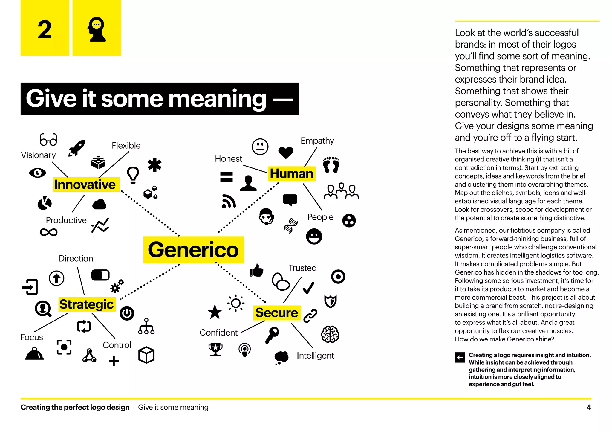 Creating the perfect logo design  |  Give it some meaning	4
2
Give it some meaning ­
—
Look at the world’s successful
brands: in most of their logos
you’ll find some sort of meaning.
Something that represents or
expresses their brand idea.
Something that shows their
personality. Something that
conveys what they believe in.
Give your designs some meaning
and you’re off to a flying start.
The best way to achieve this is with a bit of
organised creative thinking (if that isn’t a
contradiction in terms). Start by extracting
concepts, ideas and keywords from the brief
and clustering them into overarching themes.
Map out the cliches, symbols, icons and well-
established visual language for each theme.
Look for crossovers, scope for development or
the potential to create something distinctive.
As mentioned, our fictitious company is called
Generico, a forward-thinking business, full of
super-smart people who challenge conventional
wisdom. It creates intelligent logistics software.
It makes complicated problems simple. But
Generico has hidden in the shadows for too long.
Following some serious investment, it’s time for
it to take its products to market and become a
more commercial beast. This project is all about
building a brand from scratch, not re-designing
an existing one. It’s a brilliant opportunity
to express what it’s all about. And a great
opportunity to flex our creative muscles.
How do we make Generico shine?
Human
Generico
Strategic
Innovative
Secure
Trusted
Empathy
People
Con�ident
Intelligent
Direction
Flexible
Visionary
Productive
Control
Focus
Honest
Creating a logo requires insight and intuition.
While insight can be achieved through
gathering and interpreting information,
intuition is more closely aligned to
experience and gut feel.
 