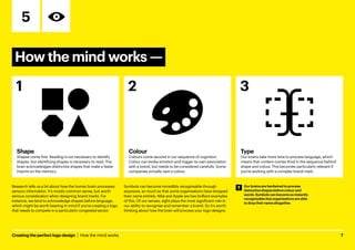 Creating the perfect logo design  |  How the mind works	7
How the mind works ­
—
5
Research tells us a lot about how the human brain processes
sensory information. It’s mostly common sense, but worth
serious consideration when designing brand marks. For
instance, we tend to acknowledge shapes before language,
which might be worth bearing in mind if you’re creating a logo
that needs to compete in a particularly congested sector.
Symbols can become incredibly recognisable through
exposure, so much so that some organisations have dropped
their name entirely. Nike and Apple are two brilliant examples
of this. Of our senses, sight plays the most significant role in
our ability to recognise and remember a brand. So it’s worth
thinking about how the brain will process your logo designs:
Our brains are hardwired to process
distinctive shapes before colour and
words. Symbols can become so instantly
recognisable that organisations are able
to drop their name altogether.
Type
Our brains take more time to process language, which
means that content comes third in the sequence behind
shape and colour. This becomes particularly relevant if
you’re working with a complex brand mark.
Shape
Shapes come first. Reading is not necessary to identify
shapes, but identifying shapes is necessary to read. The
brain acknowledges distinctive shapes that make a faster
imprint on the memory.
Colour
Colours come second in our sequence of cognition.
Colour can evoke emotion and trigger its own association
with a brand, but needs to be considered carefully. Some
companies virtually own a colour.
1 2 3
 
