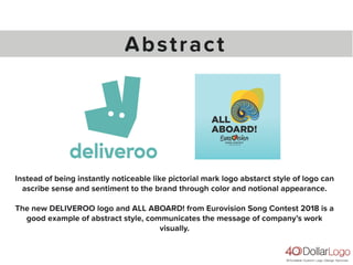 Abstract
Instead of being instantly noticeable like pictorial mark logo abstarct style of logo can
ascribe sense and sentiment to the brand through color and notional appearance.
The new DELIVEROO logo and ALL ABOARD! from Eurovision Song Contest 2018 is a
good example of abstract style, communicates the message of company’s work
visually.
 