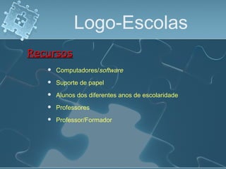 Logo-Escolas
 Computadores/software
RecursosRecursos
 Suporte de papel
 Alunos dos diferentes anos de escolaridade
 Professores
 Professor/Formador
 
