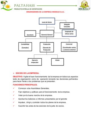 PALTAHASS
PRODUCTO ESTRELLA DE EXPORTACION
ORGANIGRAMA DE LA EMPRESA MIOKELCI S.A.C.
 SOCIOS DE LA EMPRESA:
OBJETIVO: Vigilar el buen funcionamiento de la empresa en todos sus aspectos
tanto de organización como de operación tomando las decisiones pertinentes
para hacer frente a los problemas que se presenten.
FUNCIONES PRINCIPALES.
 Convocar a las Asambleas Generales.
 Fijar objetivos y políticas para el funcionamiento de la empresa.
 Velar por la buena marcha de la empresa.
 Aprobar los balances e informes presentados por el gerente
 Impulsar, dirigir y controlar todos los planes de la empresa.
 Suscribir las actas de las sesiones de la junta de socios.
 