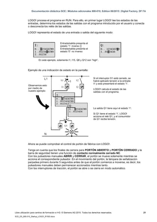 Documentación didáctica SCE | Módulos adicionales 900-010, Edition 06/2015 | Digital Factory, DF FA
Libre utilización para centros de formación e I+D. © Siemens AG 2015. Todos los derechos reservados. 21
SCE_ES_900-010_Startup_LOGO!_R1503.docx
LOGO! procesa el programa en RUN. Para ello, en primer lugar LOGO! lee los estados de las
entradas, determina los estados de las salidas con el programa introducido por el usuario y conecta
o desconecta los relés de las salidas.
LOGO! representa el estado de una entrada o salida del siguiente modo:
Ejemplo de una indicación de estado en la pantalla:
Ahora se puede comprobar el control de portón de fábrica con LOGO!.
Tenga en cuenta que los finales de carrera para PORTÓN ABIERTO y PORTÓN CERRADO y la
barra de seguridad tienen una función de contacto normalmente cerrado NC.
Con los pulsadores manuales ABRIR y CERRAR, el portón se mueve solamente mientras se
acciona el correspondiente pulsador. En el movimiento del portón, la lámpara de señalización
parpadea primero durante 5 segundos antes de que el portón comience a moverse, es decir, los
pulsadores manuales deben permanecer accionados mientras tanto.
Con los interruptores de tracción, el portón se abre o se cierra en modo automático.
Entrada/salida presenta el
estado '1': inverso █
Entrada/salida presenta el
estado '0': no inverso
En este ejemplo, solamente I1, I15, Q8 y Q12 son “high“.
Observemos esto
por medio de
nuestro ejemplo:
Si el interruptor S1 está cerrado, se
habrá aplicado tensión a la entrada
I1 y esta presentará el estado '1'.
LOGO! calcula el estado de las
salidas con el programa.
La salida Q1 tiene aquí el estado '1'.
Si Q1 tiene el estado '1', LOGO!
acciona el relé Q1, y el consumidor
de Q1 recibe tensión.
 
