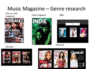 Music Magazine – Genre research
This is a rock
magazine Indie magazine R&B
Hip Hop
Classical
 