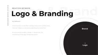 Logo & Branding
DESIGNERBANDASTUDIO R E L A T I O N B E T W E E N
My Definition:
“If the brand is a circle then the logo is the center of that circle.
One can’t draw a circle without defining the center first.”
Brand could be smaller or larger in the size but the
importance of the logo remains the same.
 