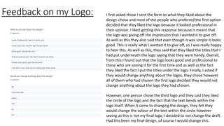 Feedback on my Logo: I first asked those I sent the form to what they liked about the
design chose and most of the people who preferred the first option
decided that they liked the logo because it looked professional in
their opinion. I liked getting this response because it meant that
the logo was giving off the impression that I wanted it to give off.
As well as this they also said that even though it was simple it looks
good. This is really what I wanted it to give off, so I was really happy
to hear this. As well as this, they said that they liked the titles that I
had put underneath the logo saying that they were handy. Overall,
from this I found out that the logo looks good and professional to
those who are seeing it for the first time and as well as the fact
they liked the fact I put the titles under the logo. Finally, I asked if
they would change anything about the logos, they chose however
all of them who had chosen the first logo decided they would not
change anything about the logo they had chosen.
However, one person chose the third logo and they said they liked
the circle of the logo and the fact that the text bends within the
logo itself. When it came to changing the design, they felt they
would change the colour of the text within the circle however
seeing as this is not my final logo, I decided to not change the draft.
Had this been my final design, of course I would change this.
 