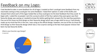 Feedback on my Logo:
I had decided to take in some feedback for all of logos I created so that I could get some feedback from my
classmates seeing as they could give me some feedback. I listed their options in order of the drafts and
showed them what each of the logos looked like so they could give me the best feedback that they could. To
begin with, I asked the six people I sent the survey to which of the four options they were given was their
favourite design was seeing as I needed to know this before getting their answers for the next few questions.
Five out of Six chose my final design as their favourite design which was a huge relief to me as I had already
made up my mind that this is the one, I was using as the official design, however, one out of the six chose the
third design as their favourite design which was a nice surprise seeing as the two most popular choices had
been my two favourite drafts.
 
