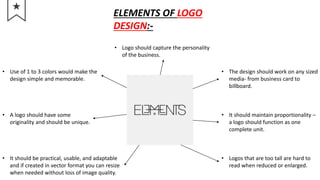 ELEMENTS OF LOGO
DESIGN:-
• Logo should capture the personality
of the business.
• Use of 1 to 3 colors would make the
design simple and memorable.
• A logo should have some
originality and should be unique.
• It should be practical, usable, and adaptable
and if created in vector format you can resize
when needed without loss of image quality.
• It should maintain proportionality –
a logo should function as one
complete unit.
• Logos that are too tall are hard to
read when reduced or enlarged.
• The design should work on any sized
media- from business card to
billboard.
 
