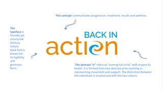 33
The abstract “o” refers to “coming full circle” with respect to
health. It is formed from two abstract arms reaching in,
representing movement and support. The distinction between
the individuals is emphasized with the two colours.
This concept communicates progression, treatment, results and wellness.
The
typeface is
friendly yet
structured.
Century
School
book font is
known for
its legibility
and
generous
form.
 