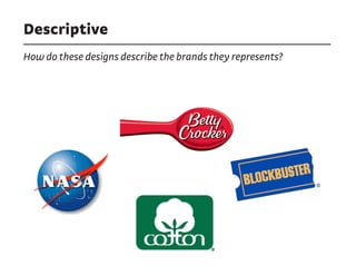 Descriptive
How do these designs describe the brands they represents?
 