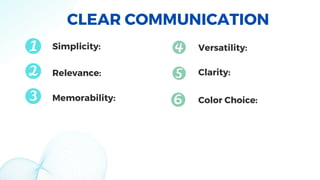 CLEAR COMMUNICATION
Memorability:
Simplicity:
Relevance:
Versatility:
Clarity:
Color Choice:
 