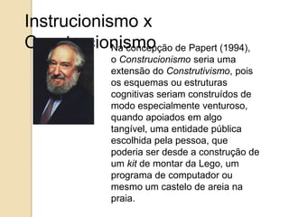 Instrucionismo x 
Construcionismo Na concepção de Papert (1994), 
o Construcionismo seria uma 
extensão do Construtivismo, pois 
os esquemas ou estruturas 
cognitivas seriam construídos de 
modo especialmente venturoso, 
quando apoiados em algo 
tangível, uma entidade pública 
escolhida pela pessoa, que 
poderia ser desde a construção de 
um kit de montar da Lego, um 
programa de computador ou 
mesmo um castelo de areia na 
praia. 
 